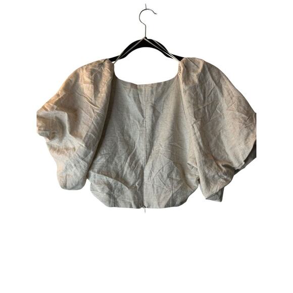 Luxxel Top Size Medium Beige Linen Rayon Button Puff Sleeve Cropped Bohemian - Picture 3 of 12